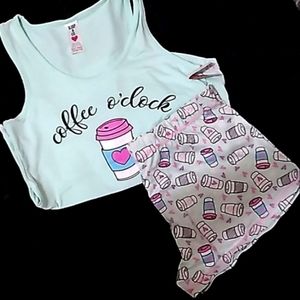 Coffee O`Clock Blue Coffee Cup Print Shorts & Slvls Top 2pc Pajama Set